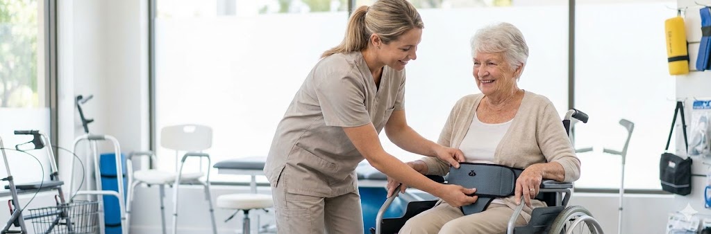 Vanhus turvallisesti tuettuna pyörätuolissa