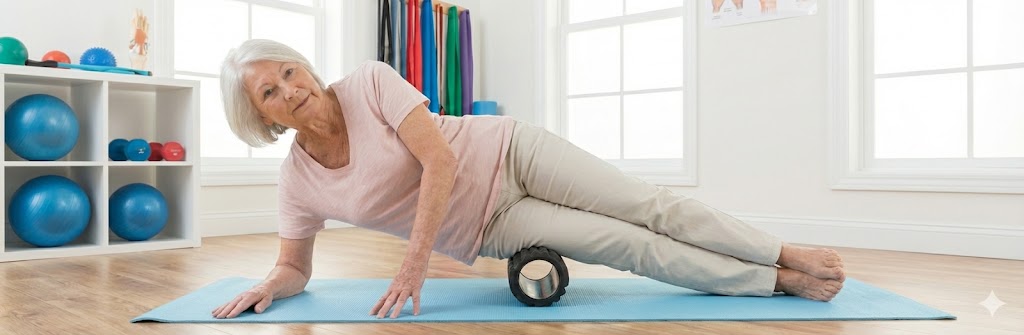 Henkilö rullaamassa lihaksia foam rollerilla