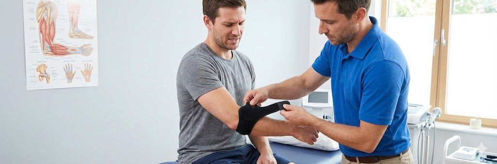 Fysioterapeutti sovittaa tenniskyynärpäätukea